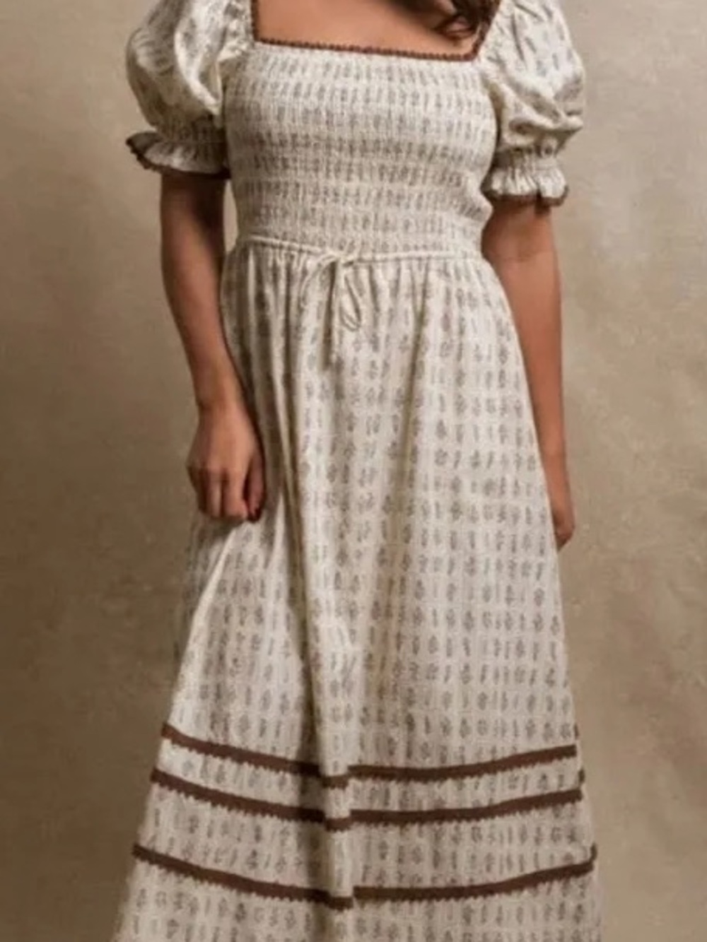 Neuflora marigold midi Maxi Dress with Brown Trim and Smocked Bodice